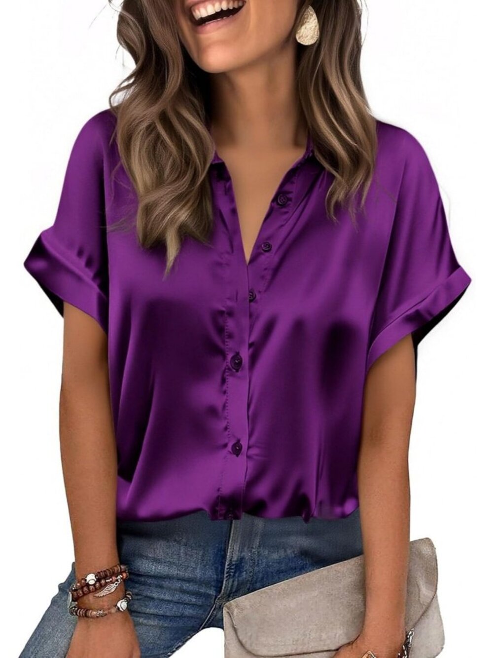 Women's Purple Satin Silk Blouse Short Sleeve Button Down Collared Office Shirt